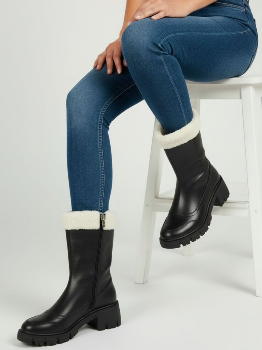 Black Mid-Calf Platform Boots With Shearling Trim & Side Zipper Closure
